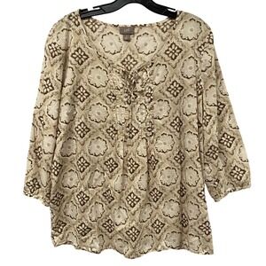 J. Jill Women Beige Brown Floral Print 3/4 Sleeve Tie Neck Tunic Top M Nostalgia